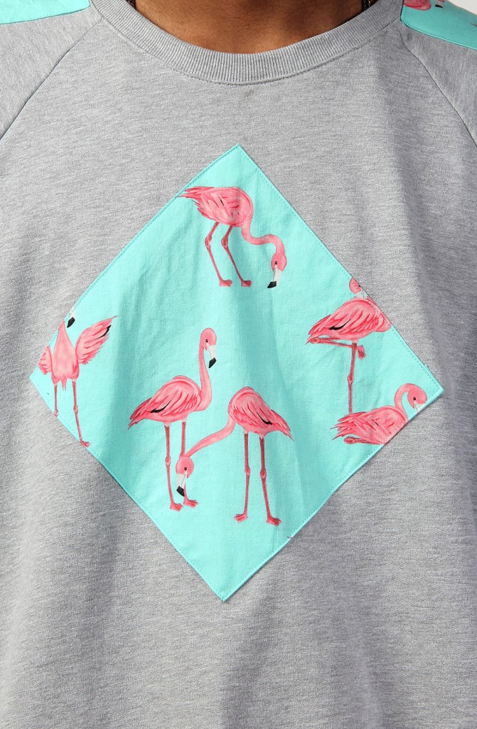 flamingos fabric patches on the flamin goes crewneck sweatshirt