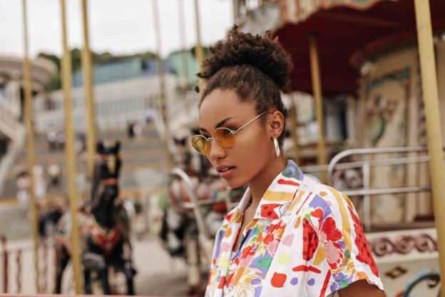 charming stylish curly dark skin woman