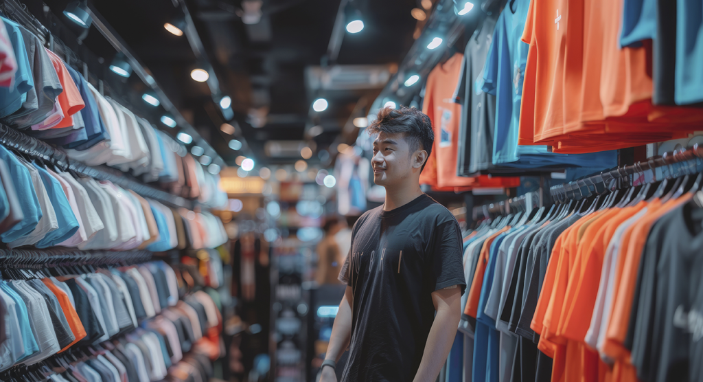 Boy thoughtfully choosing from a wide selection of Christian t-shirts, considering designs that reflect his faith and personal style
