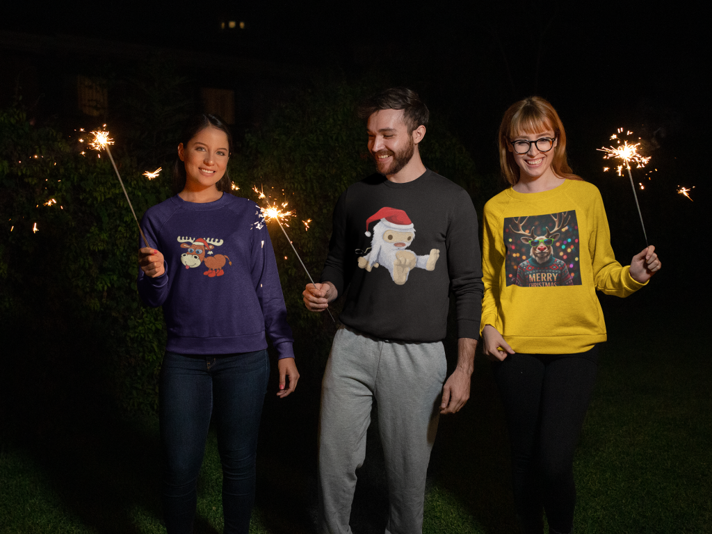 Friends celebrating wearing Ugly Christmas Sweater.
