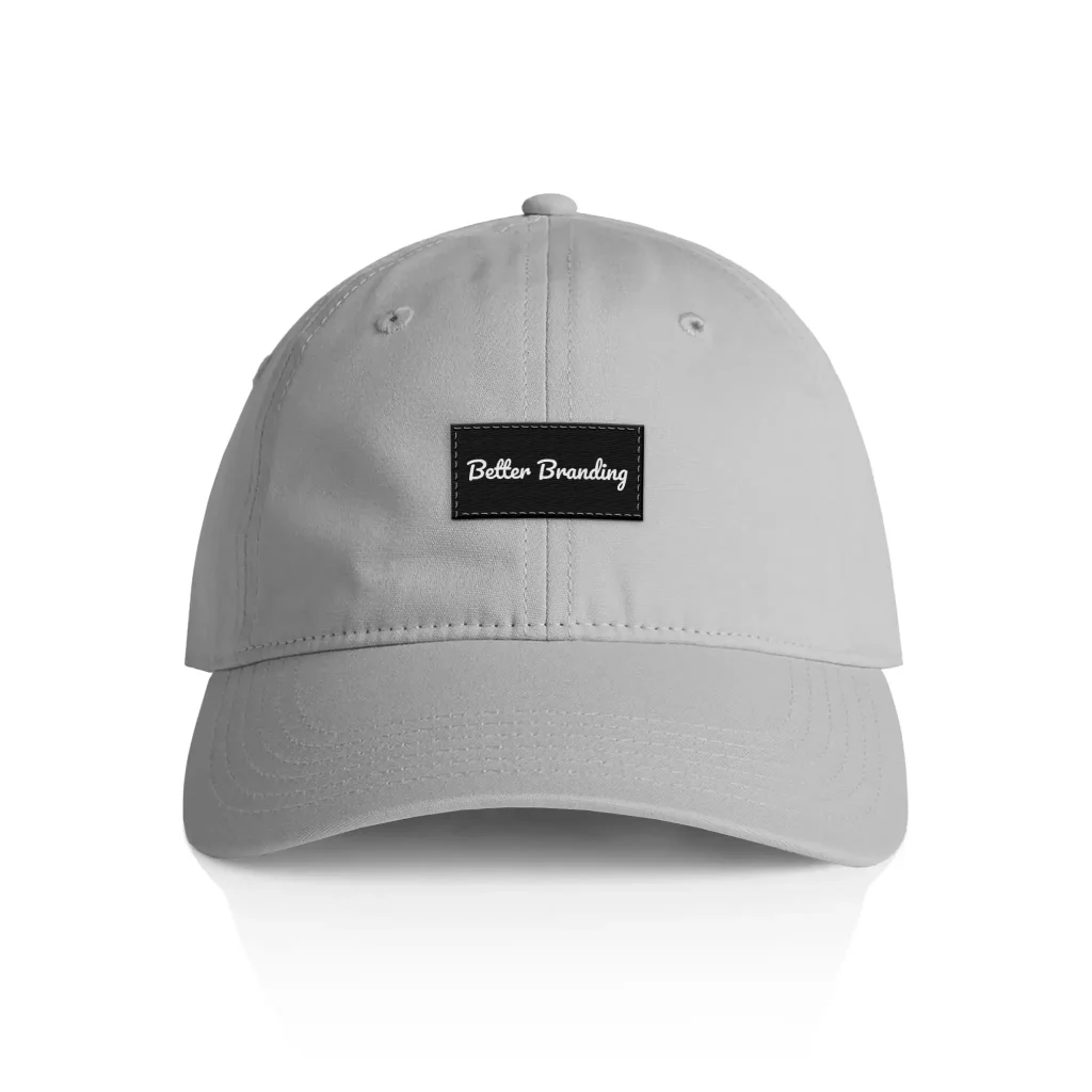 dad hat with woven label sewn on the front