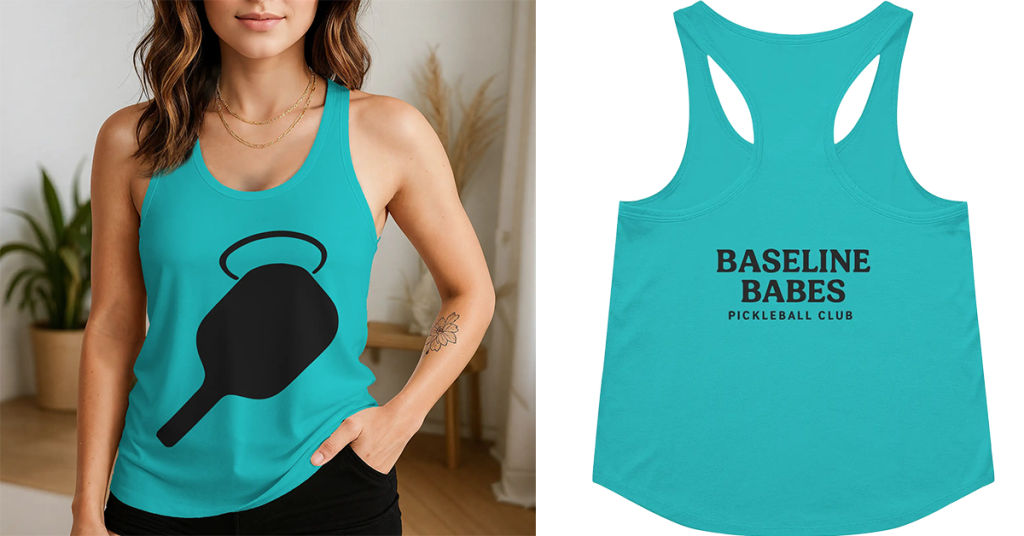 Pickleball brand mockup featuring women’s racerback tank top with custom artwork on the front and back, created on Apliiq