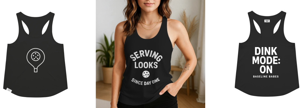 Mockup of women’s racerback tank top showing front overlay, back view, and on-model perspectives with artwork, created using Apliiq
