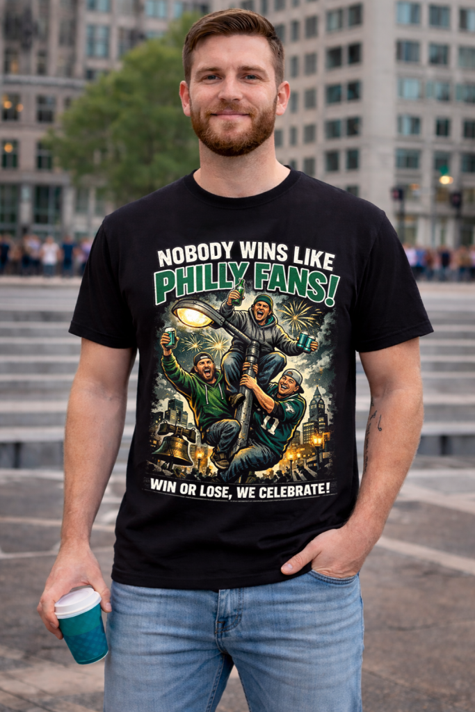 Philly fans climbing a light pole holding beer  after a Super Bowl game