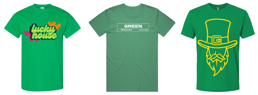 Top-selling green T-shirts- Gildan 5000, Bella - Canvas 3001, and Next Level 3600 - featured as core St. Patrick’s Day staples.