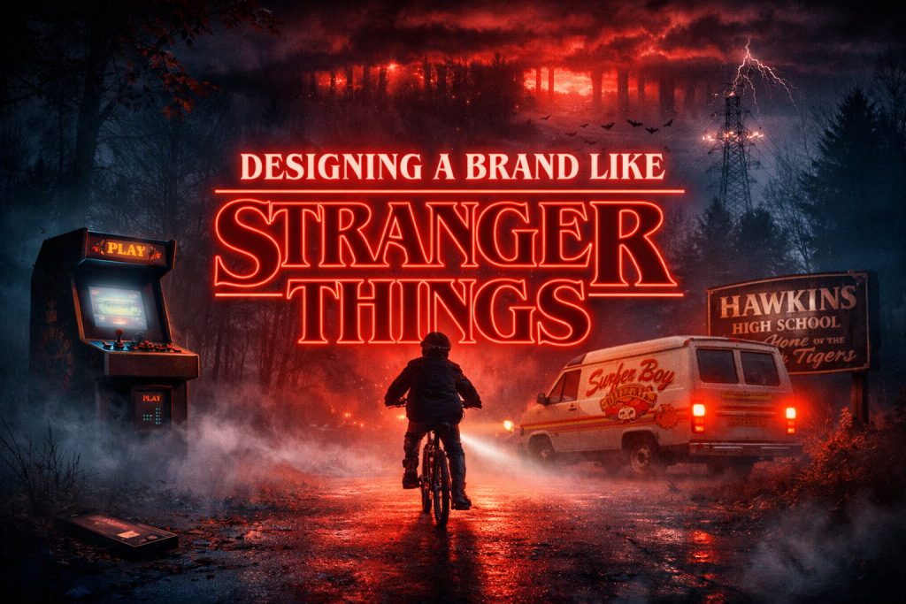 Stranger Things inspired 1980s retro clothing brand design and vintage merch aesthetics.