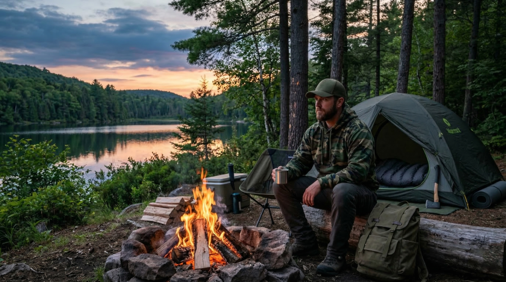 Camouflage hoodie worn by a camper sitting by a lakeside campfire at sunset with tent and backpack, peaceful outdoor camping scene.