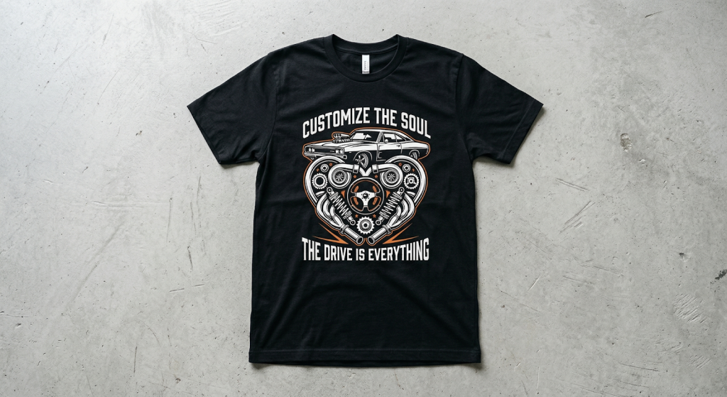 Automotive-themed t-shirt featuring intricate engine artwork representing strong brand identity and custom design