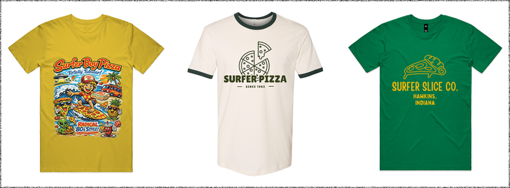 Surfer Boy Pizza inspired 1980s fast food merch design on vintage ringer t-shirts and colorful graphic tees.