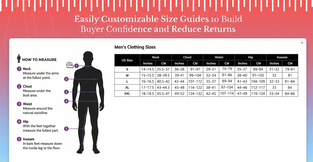 Men’s Task Husky size chart image showing detailed measurements for chest, waist, sleeve length, and body dimensions across multiple sizes, designed for accurate apparel fitting on a Shopify store product page.