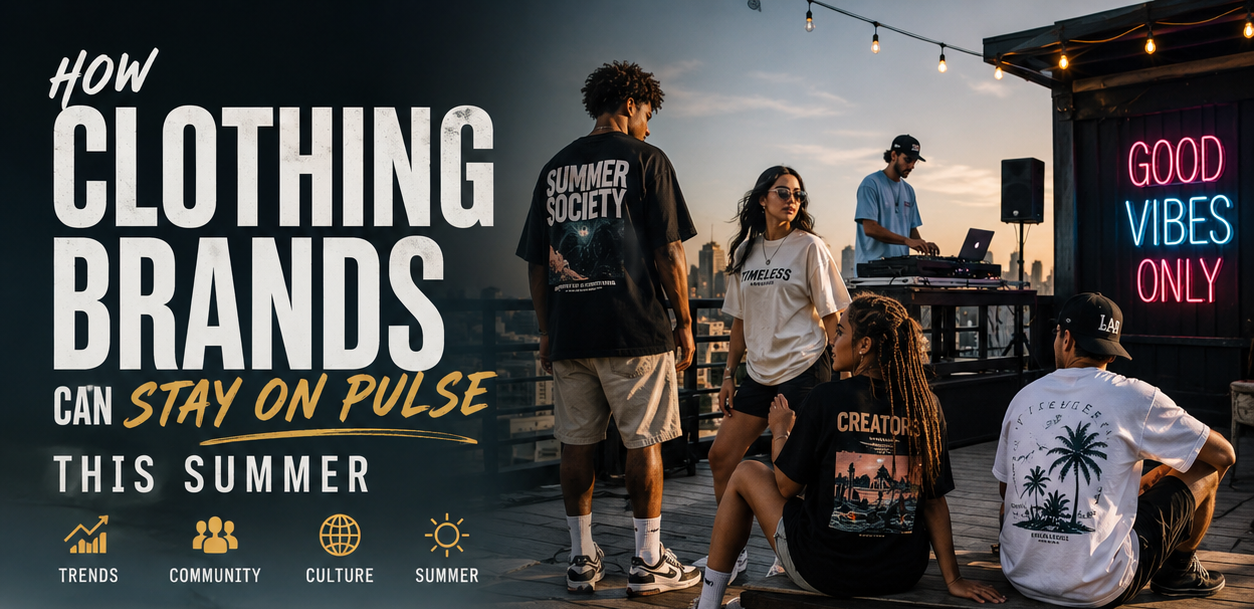 Friends in trendy streetwear at a rooftop summer party with DJ, oversized fashion, graphic tees, and urban summer style.