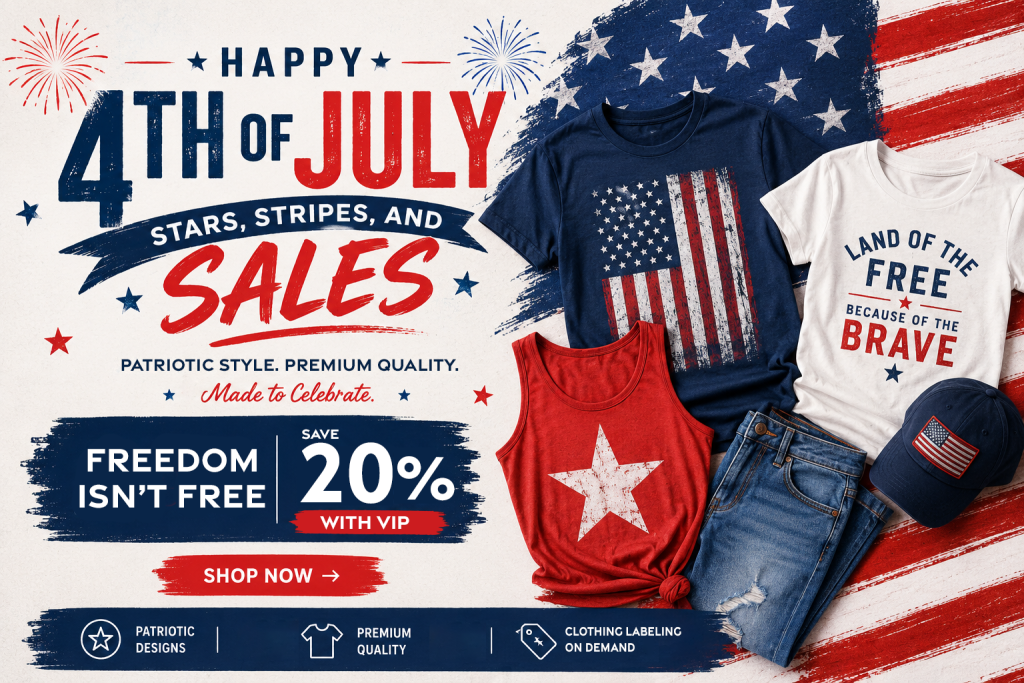 4th of July clothing sale featuring custom t-shirts, custom tank tops, and patriotic apparel, for summer fashion brands on Apliiq.