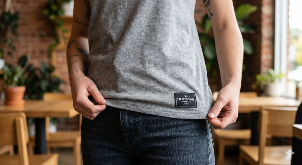 Custom woven labels placed on bottom hem at tank top through apliiq 