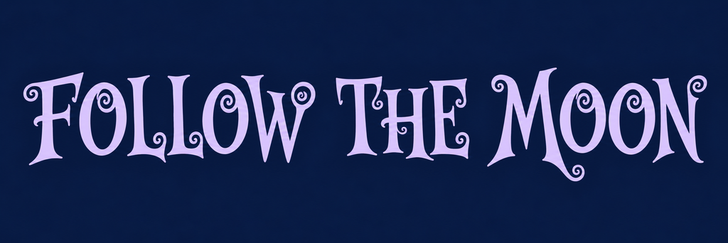 Custom Mystery Quest Halloween font graphic featuring “Follow the Moon” in whimsical fantasy lettering on a midnight blue background.