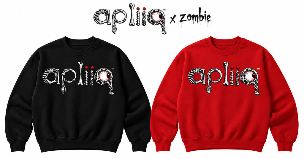 Apliiq zombie Halloween logo printed on black and red sweatshirts
