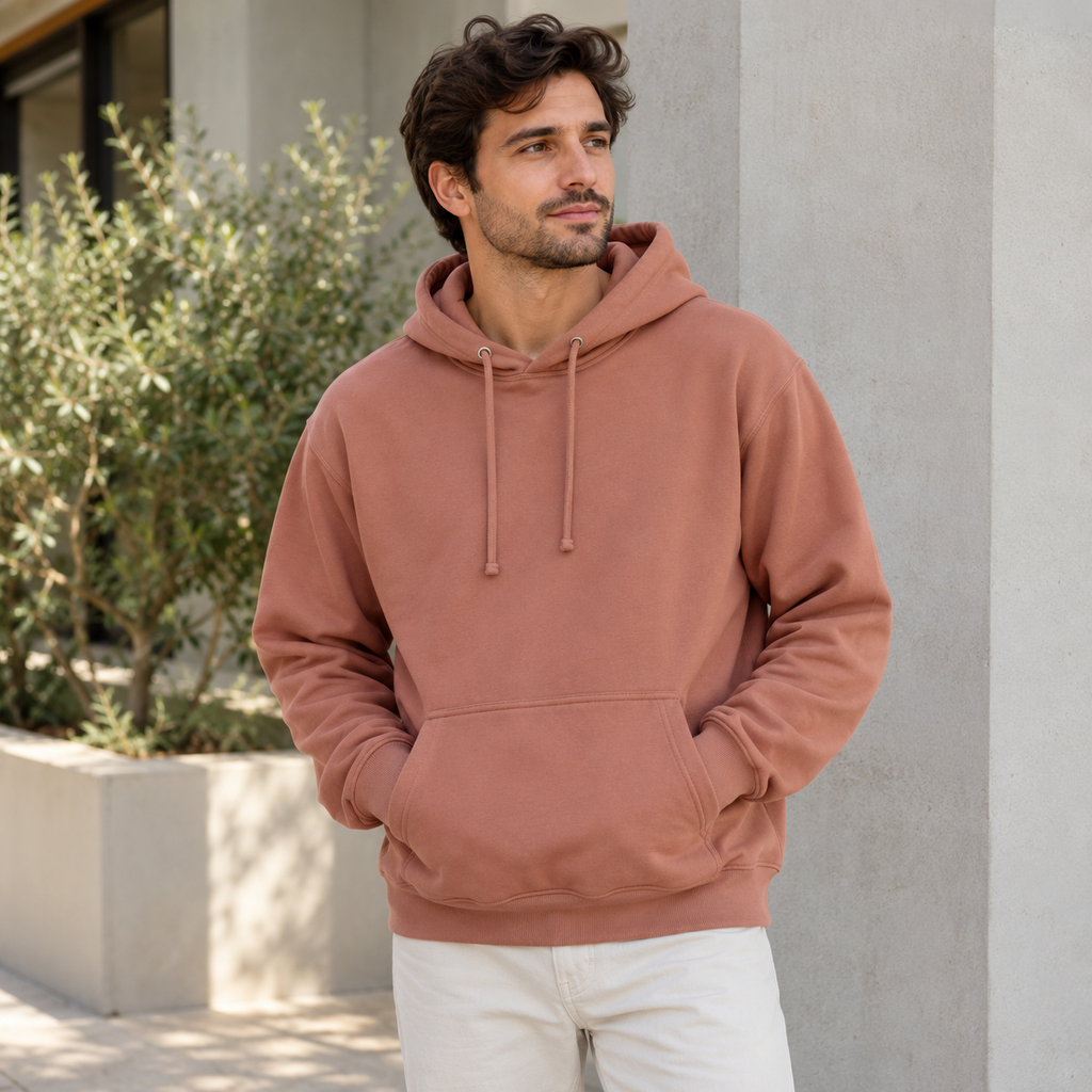Man wearing a dusty rose Cotton Heritage M2580 unisex premium pullover hoodie with cream trousers outdoors