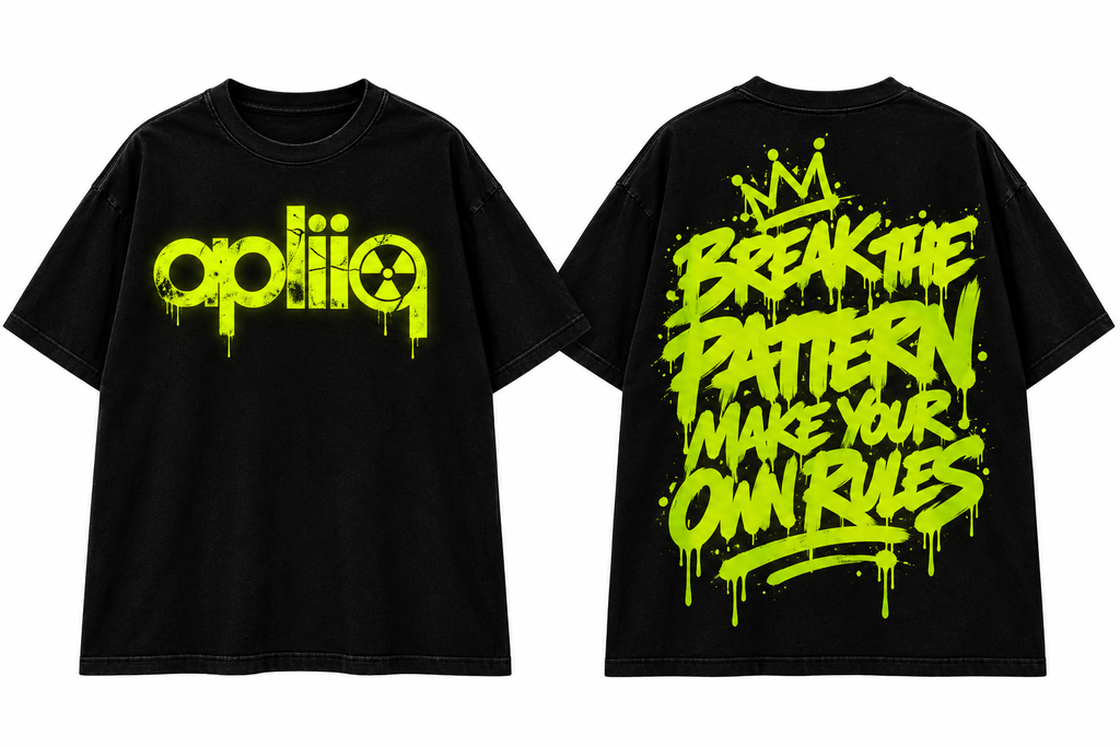 Black T-shirt mockup with neon radioactive Apliiq logo and graffiti-style Halloween graphic
