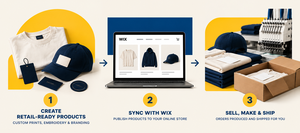 Three-step process showing custom apparel creation, syncing products with a Wix store, and order production and shipping through Apliiq.